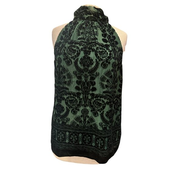 Max Studio Burnout Velvet Halter Blouse | Emerald Green Floral Flocked Top with - Picture 2 of 9